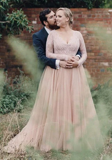 Evening Elegance Plus Size Sexy Champagne/Blush Country Long Sleeve V Neck Ethereal Tulle Lace Wedding Dress