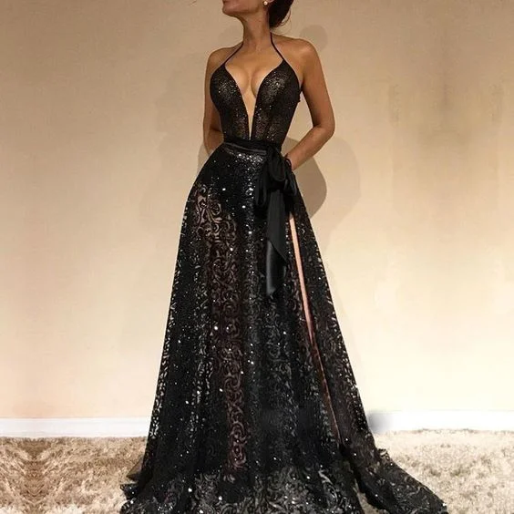 End Of Season Sale Cheap Spaghetti Straps Sexy Black V-Neck prom Evening Gowns cg1709