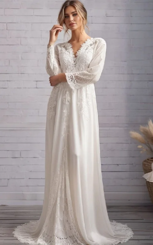 Budget-Friendly Fashion Bohemian Long Bell Sleeves V-Neck Lace and Chiffon A-Line Wedding Dress