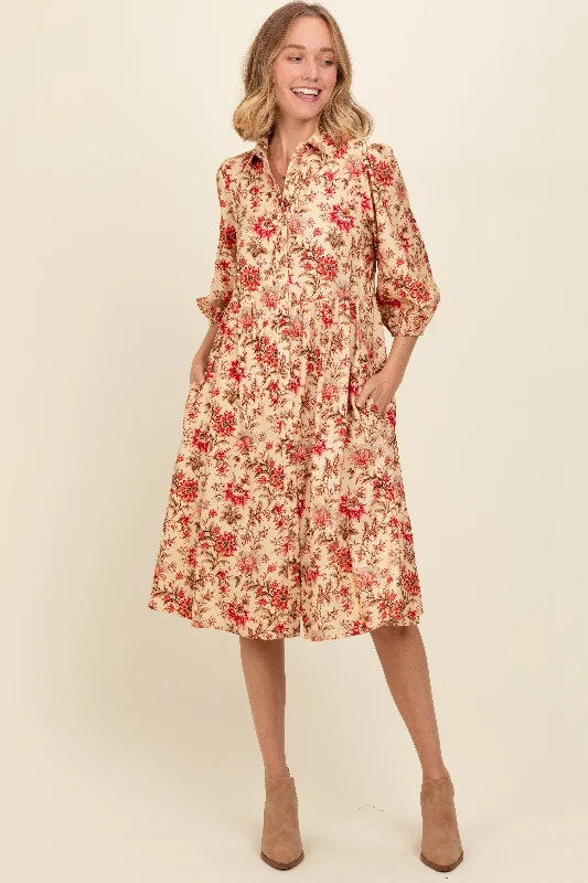 Great Prices On Feminine Styles Cream Floral Button Down Midi Dress