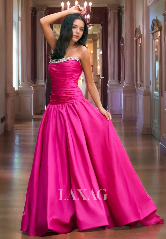 Hot Styles A-Line Strapless Beaded Sleek Satin Elegant Party Prom Formal Evening Dress