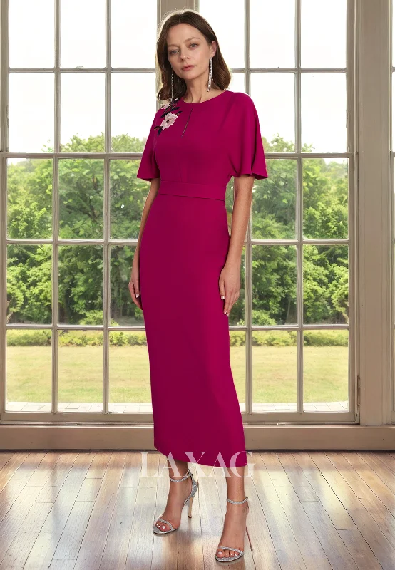 Stylish Savings Round Short Sleeves Embroidery Sleek Satin Ankle-Length Mother of the Bride Dress