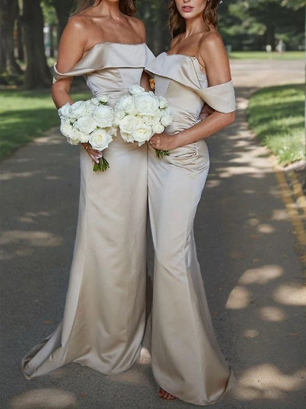 Discounts On Casual Weekend Styles Tight off shoulder and floor length strapless satin bridesmaid dress