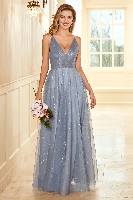 Wardrobe Update A-line thin shoulder strap gray blue long bridesmaid dress