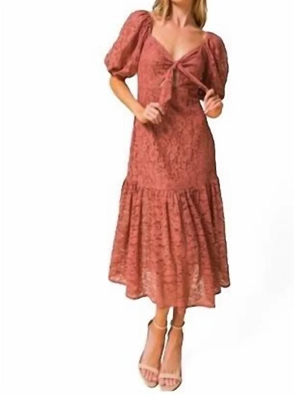 Stylish Looks Lace Puff Sleeve Midi Dress In Mauve