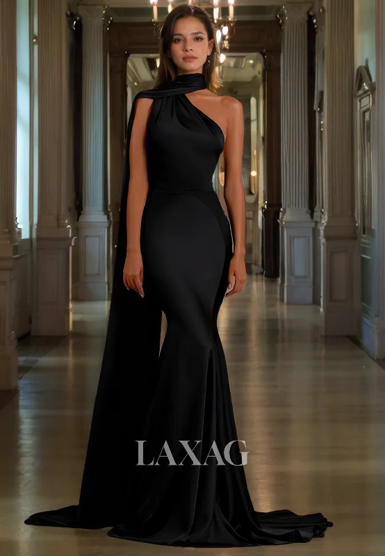 Spring Fashion One Shoulder Sleek Satin Mermaid Party Prom Formal Evening Dress with Train