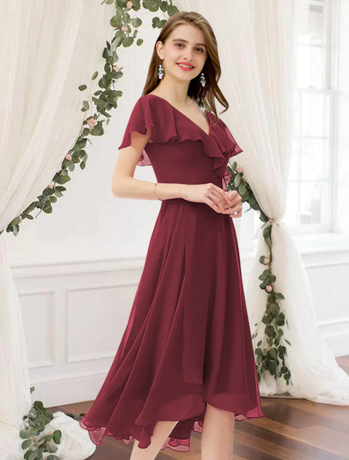 Anniversary Sale A-Line Bridesmaid Dress V Neck Short Sleeve Elegant Knee Length Chiffon with Pleats Ruffles