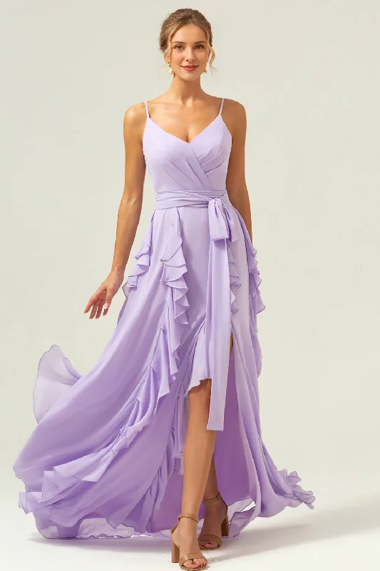 Stylish Savings Lilac purple A-line slim shoulder chiffon long slit ruffled bridesmaid dress