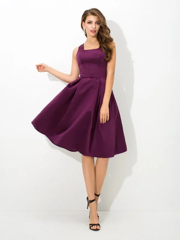 Save Big A-Line/Princess Square Pleats Sleeveless Short Satin Bridesmaid Dresses