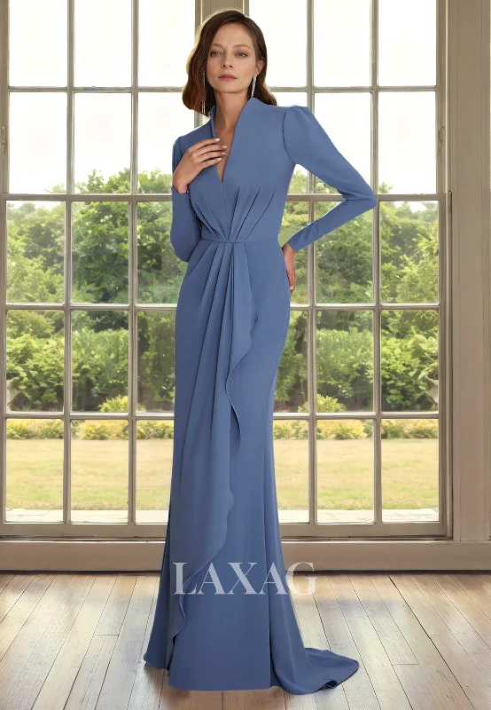 Casual Chic V-Neck Long Sleeves Sleek Satin Elegant Mother of the Bride Dress with Train