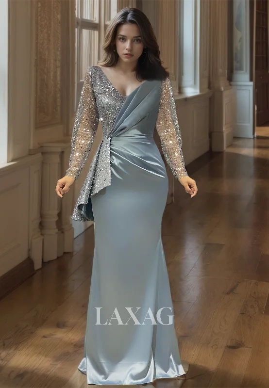 Mother'S Day Special V-Neck Glitter-Knit Long-Sleeves Pleated Sequined Floor-Length Satin Mermaid Prom Dress