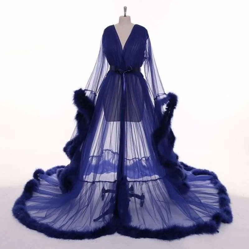 Flash Deals Navy Blue Feather Long Sleeve Tulle See-through Evening Dress Gown