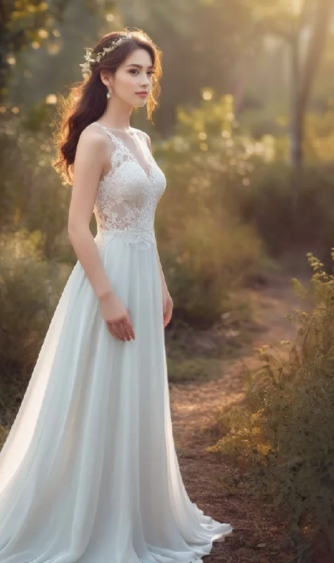 Wardrobe Refresh Bohemian Sleeveless V-Neck Lace and Chiffon A-Line Wedding Dress