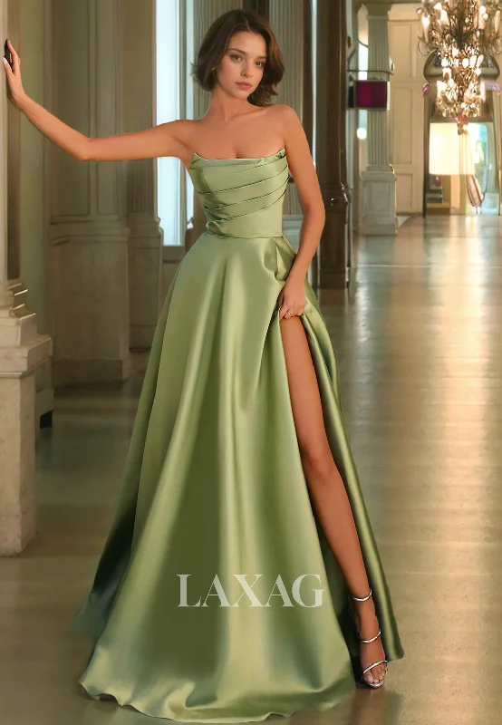 Limited Styles A-Line Strapless High Slit Pleated Sleek Satin Party Prom Formal Evening Dress