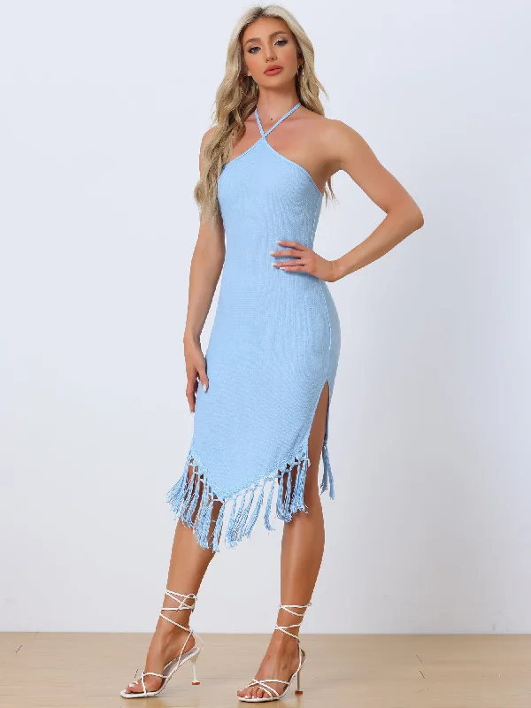 Winter Warm - Up Sale Elegant Halter Straps Sleeveless Tassels Bodycon Midi Dress