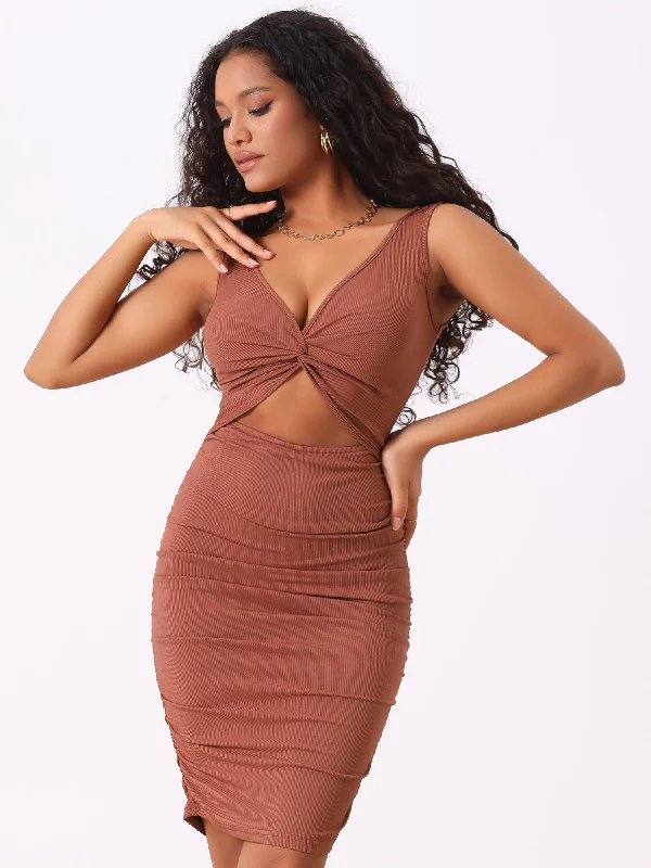 End - Of - Month Blowout Twist Knot Cut Out Bodycon Ruched V Neck Mini Dress