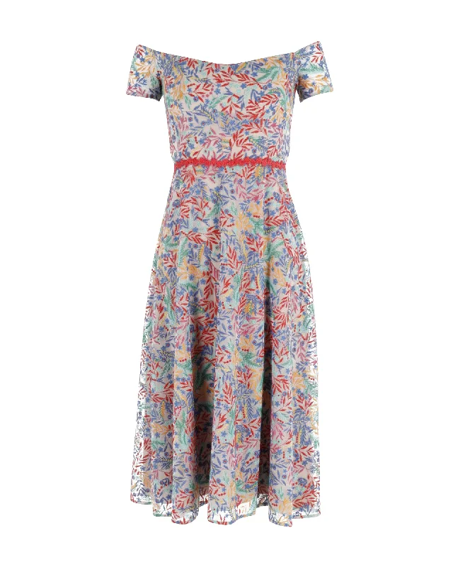 Feminine Soft - Hued Styles Saloni Off-Shoulder Floral Printed Midi Dress in Multicolor Polyester