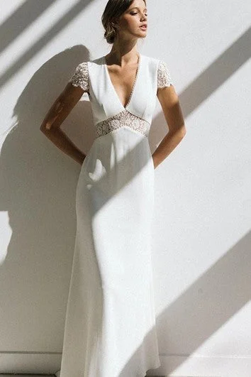 Seasonal Sale Casual V-neck Sheath Empire Short Sleeve Backless Lace &Chiffon Wedding Dress With Sweep Train