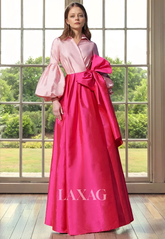 Limited - Time Bundle A-Line V-Neck Long Sleeves Sleek Satin Mother of the Bride Dress with Bow Detail