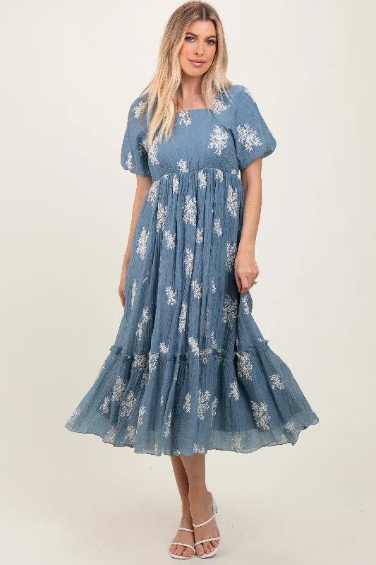 Winter Warm - Up Sale Blue Floral Print Ruffle Hem Midi Dress