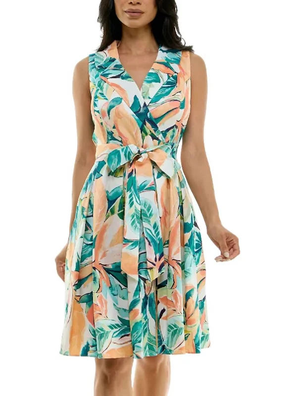 Fashion Sale Floral Print Tie Waist Collared Dress In Aqua Multi