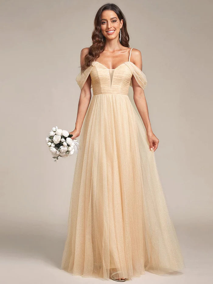 Elegant Style Cold Shoulder Spaghetti Strap Pleated Sequin Tulle Bridesmaid Dress