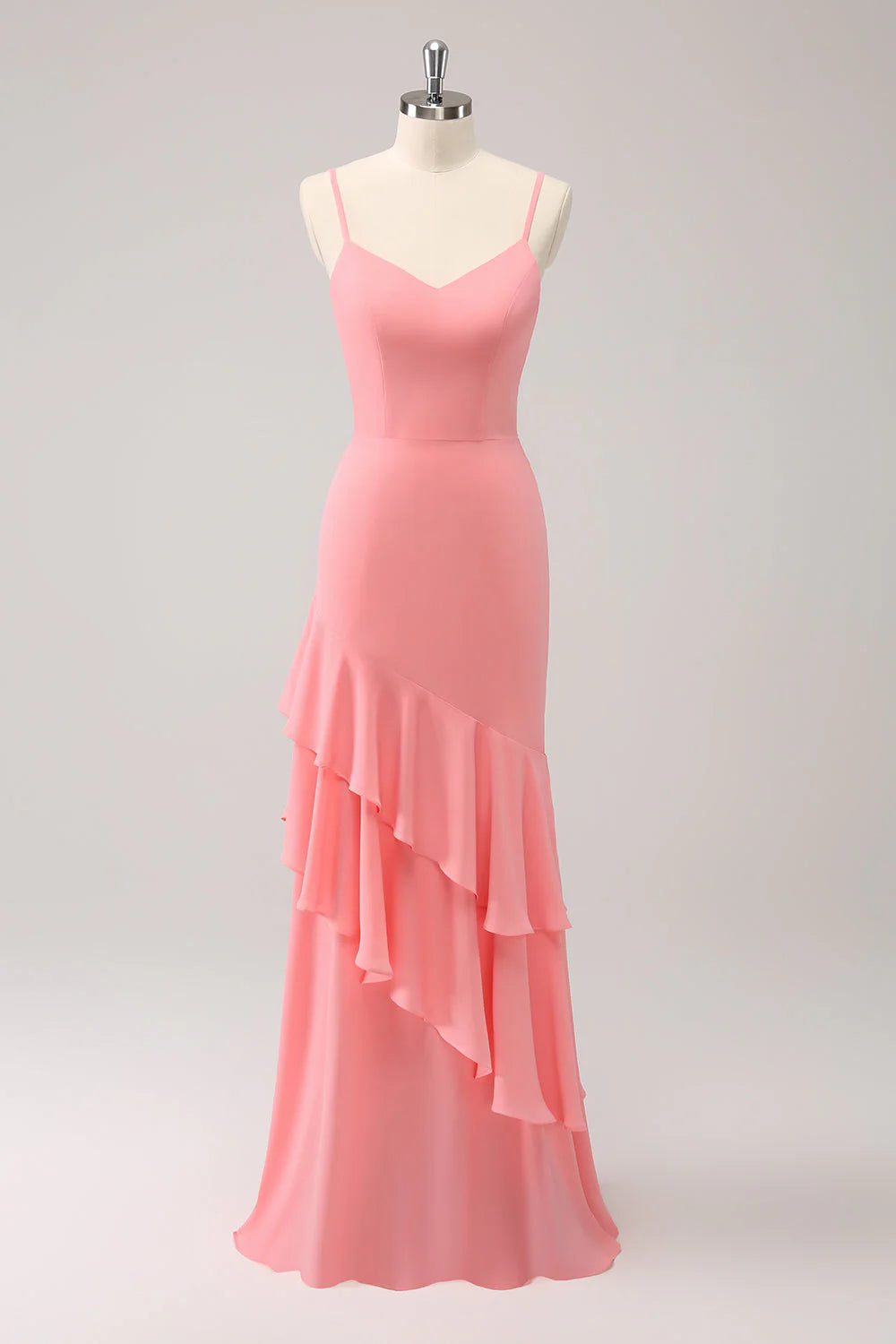 Limited Quantities Pink mermaid thin shoulder strap lotus leaf edge bridesmaid dress