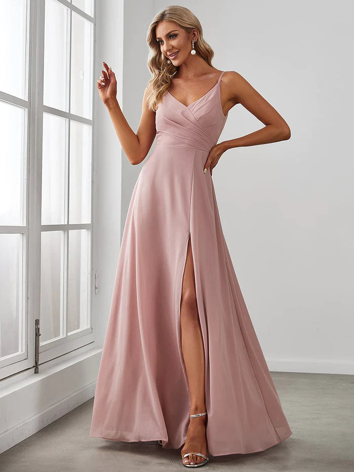 Exclusive Sale Custom Size Pleated V-Neck Spaghetti Strap High Slit Bridesmaid Dress