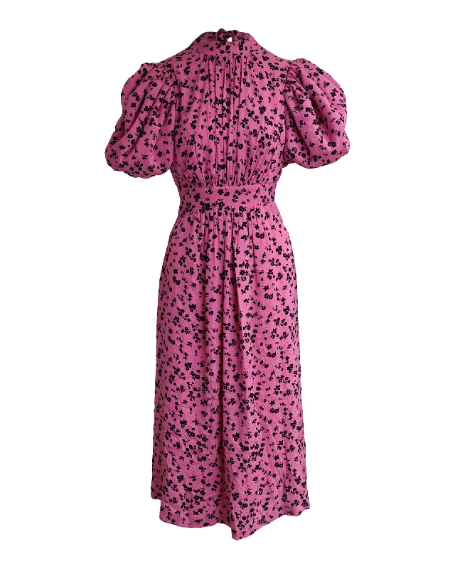 Budget-Friendly Fashion Rotate Puffed Sleeve Midi Noon Dress in Pink Floral Printed Viscose