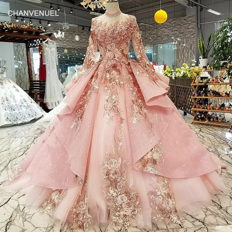 Mid - Week Surprise Pink Special Puffy High Neck Long Tulle Sleeve Lace-up Back Evening Formal Dress Gown