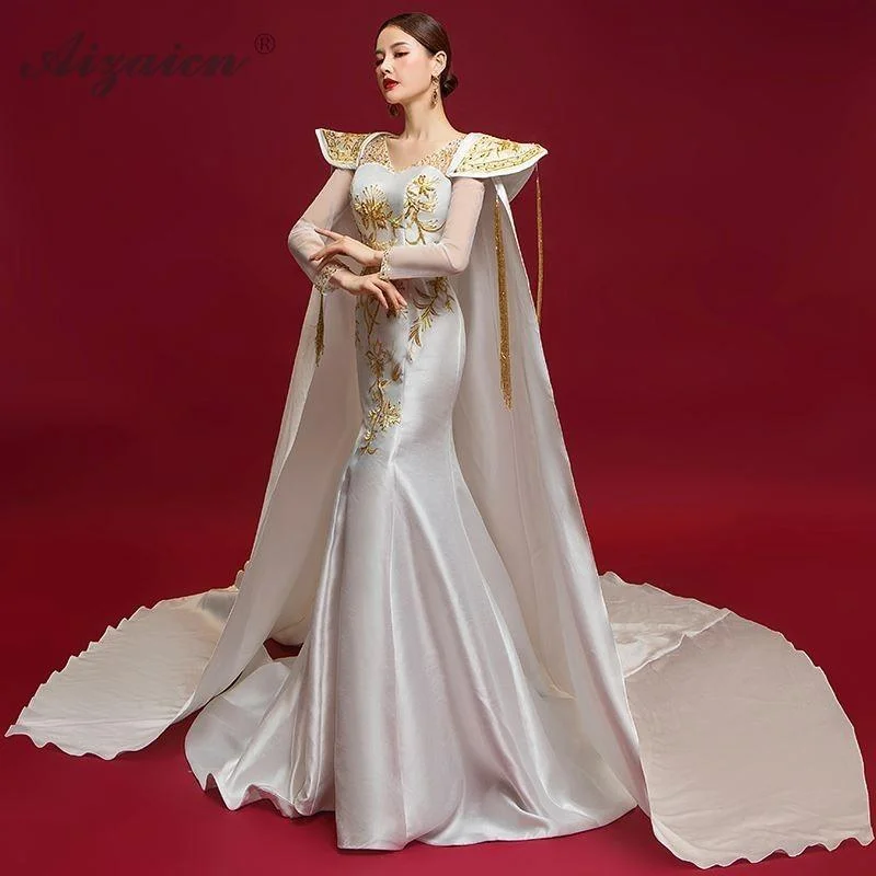 Limited - Time Bundle White Cheongsam Long Sleeve Shawl Trailing Dress Gown