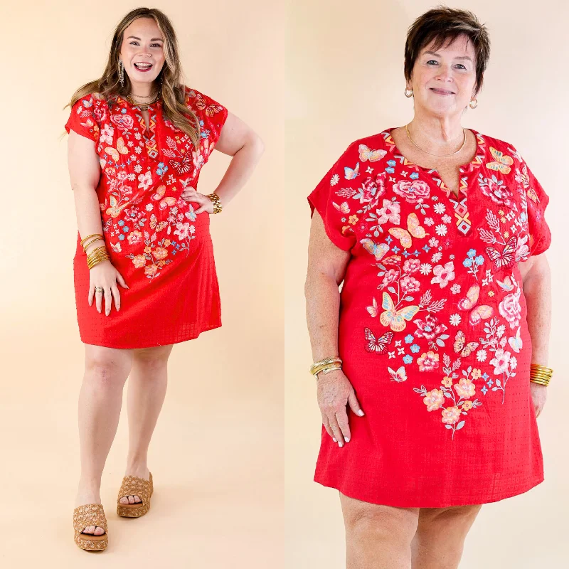 Spring Fling Sale Lovely Feeling Floral Embroidered Dress with a Notched Neckline in Red