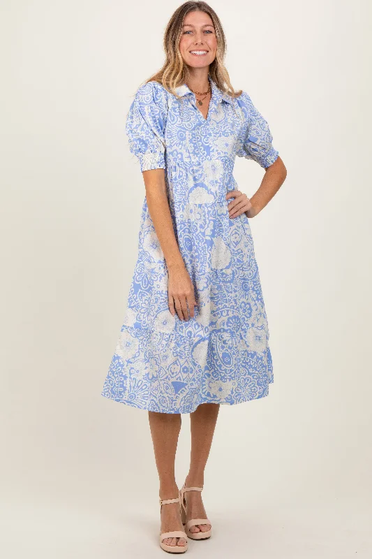 Winter Warm - Up Sale Periwinkle Floral Collared Tiered Midi Dress