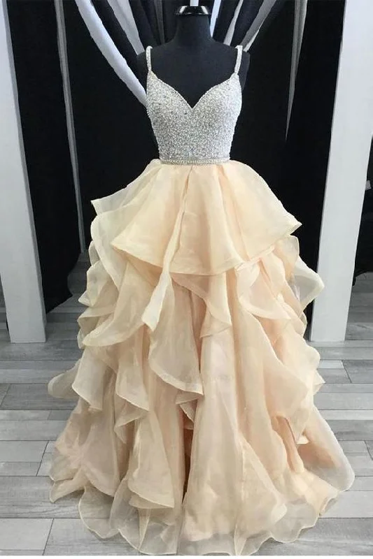 Hot Trends Spaghetti Straps Rhinestones Tiered Skirt Hi-Lo Backless Prom Dresses Evening Gowns Dress  cg461