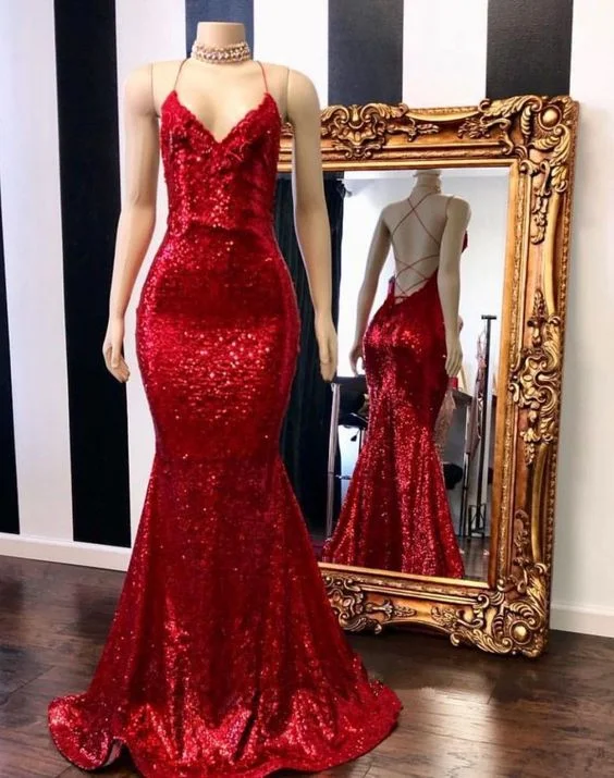 Wardrobe Update Red Sequin V-neck Spaghetti Straps Open Back Trumpet Prom Gown  cg1976