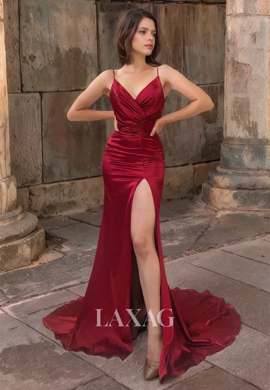 Feminine Soft - Hued Styles Sheath&Column V-Neck Formal Long Party Dress Pleated Satin Burgundy  Prom Dress