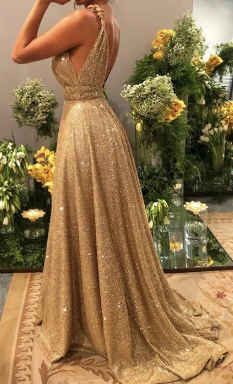 Chic Outfits Long Gold Sequin Plunge V Neck Evening prom Gown Dresses cg3553