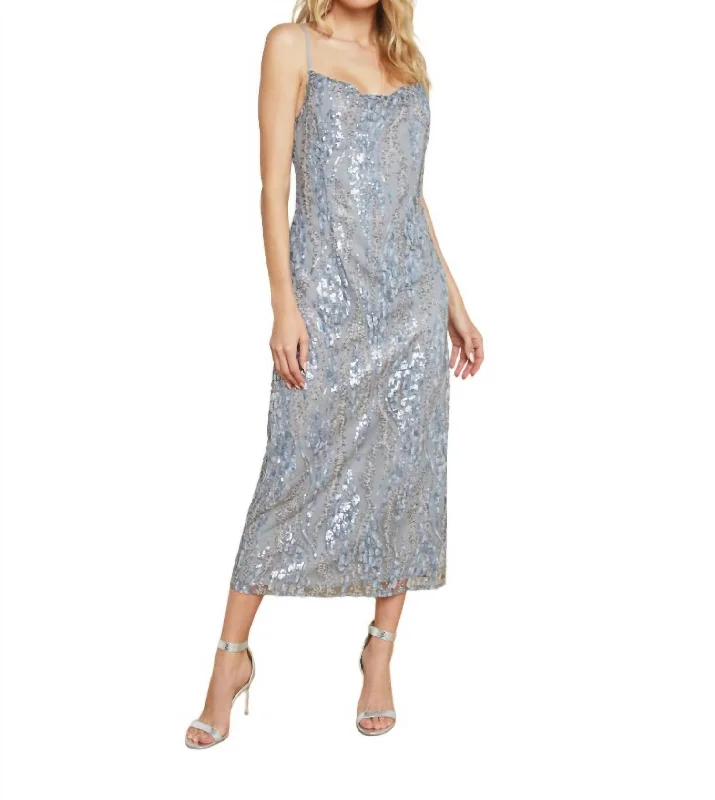 Save Big Achilles Cowl Midi Dress In Silver/blue