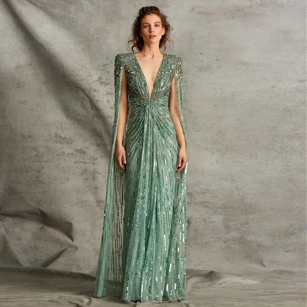 Elegant Style Sage Green Evening Dress with Cape Formal Gown