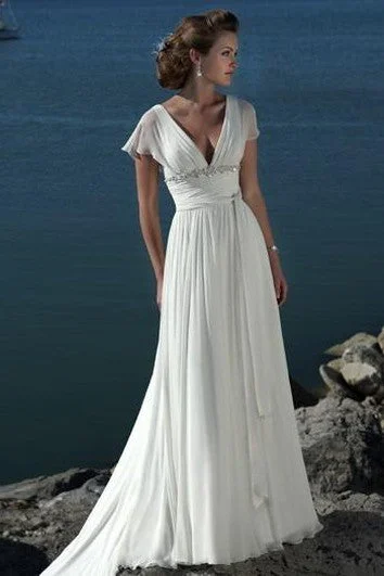 Stylish Savings A-line V-neck Short Sleeves Beading Sweep Train Chiffon Beach Wedding Dress