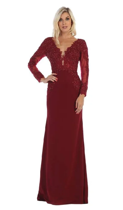 Fashionista Favorites May Queen - Plunging V Neck Long Sleeves Dress MQ1630 - 1 pc Burgundy In Size 10 Available