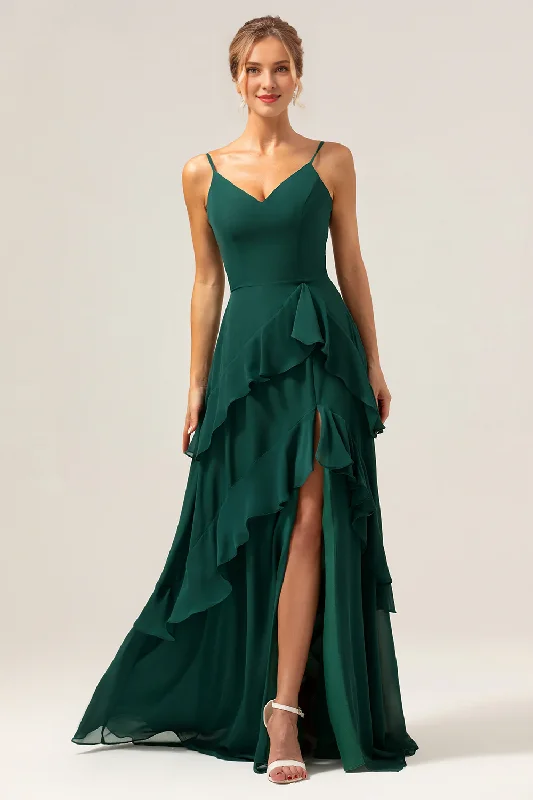 Evening Looks Deep green A-line V-neck ruffled chiffon layered and floor length slit bridesmaid dress