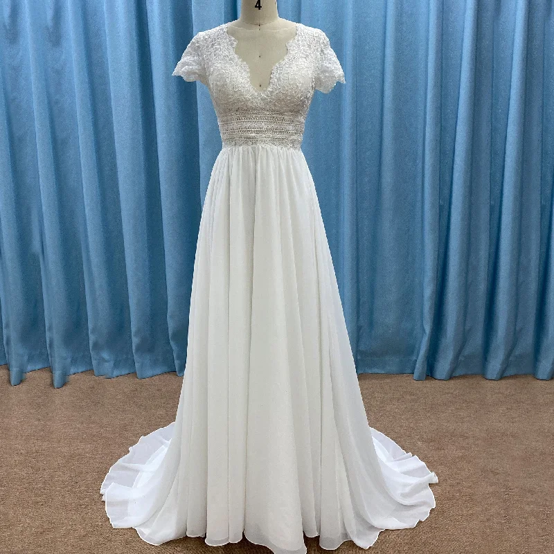 Clearance Event Capped Sleeve Sheath Chiffon Wedding Dress with Sheer Neck & Keyhole