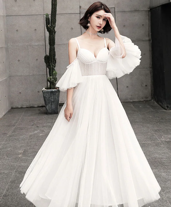 Casual Chic Unique Tulle Long Prom Dress, White Evening Dress