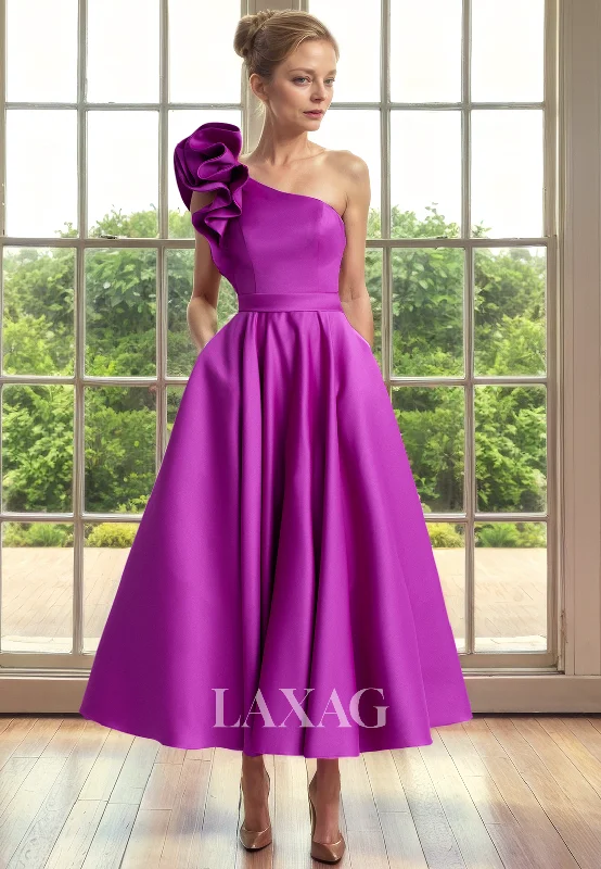 Mid - Week Surprise A-Line One Shoulder Sleek Satin Elegant Ankle-Length Mother of the Bride Dress