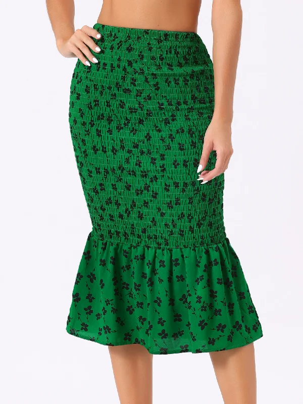 Limited-Time Offer Smocked Bodycon Mermaid Pencil Floral Midi Skirt