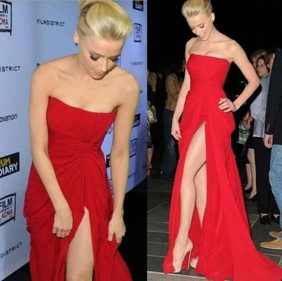 Holiday Sale Red chiffon pleated ruffles Amber Heard Elie Saab style celebrity dresses strapless backless high side slit sexy evening prom gowns cg2305