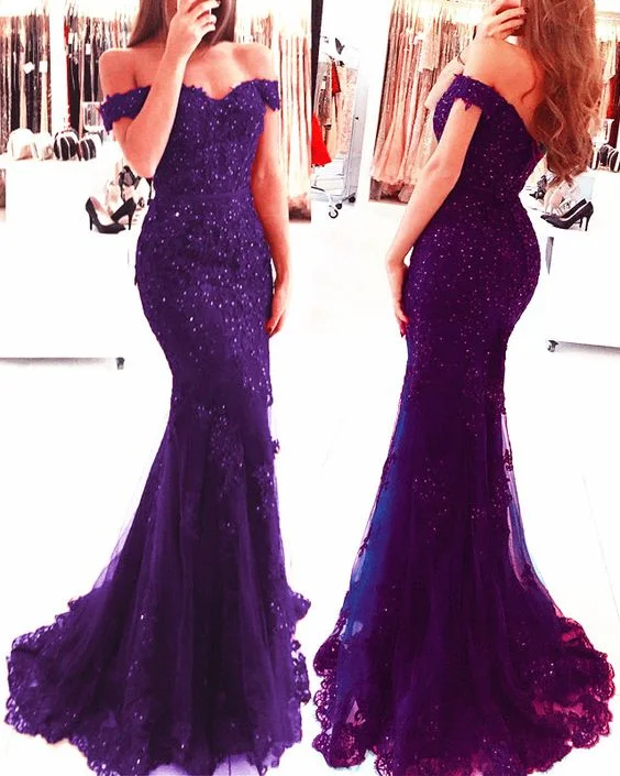 Wardrobe Upgrade purple lace mermaid evening gowns off shoulder formal prom dresses cg2828