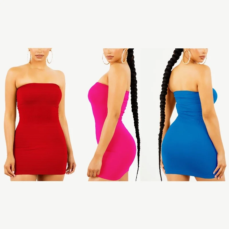 Elegant Style 2Pack Womens Seamless Strapless Bodycon Mini Tube Top Dress Stretchy Fit