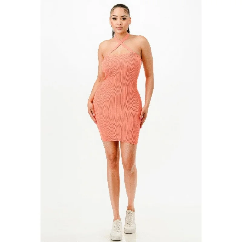 End Of Season Sale Sleeveless Peach Halter Neck Bodycon Dress